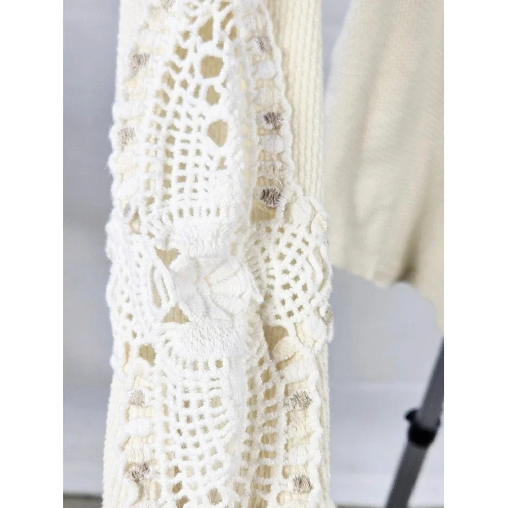 Women's Free People Small‎ Crochet Sleeve Waffle Knit Top Boho Cottagecore